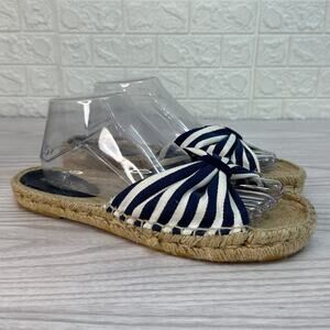 Nine West Slide Sandals SZ 10B Flat Espadrille Slip On Black White Striped Open